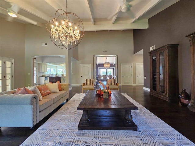 940 N Silent Ranch Dr, Glendora, CA 91741 - living area with a towering ceiling, ceiling fan, a chandelier, beamed ceiling, and wood finished floors