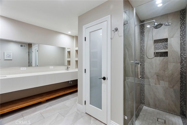 940 N Silent Ranch Dr, Glendora, CA 91741 - full bathroom with a stall shower, vanity, tile patterned floors, and recessed lighting