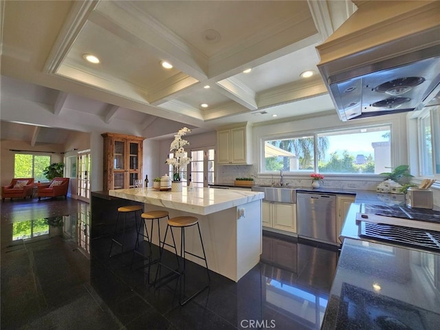 940 N Silent Ranch Dr, Glendora, CA 91741 - kitchen with stainless steel dishwasher, light stone counters, backsplash, french doors, and a breakfast bar area