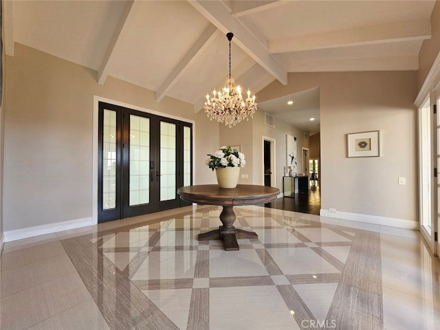 940 N Silent Ranch Dr, Glendora, CA 91741 - tiled foyer with french doors, a chandelier, and recessed lighting
