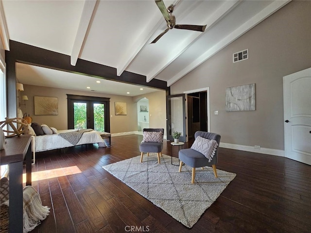 940 N Silent Ranch Dr, Glendora, CA 91741 - bedroom with arched walkways, beamed ceiling, high vaulted ceiling, hardwood / wood-style flooring, and recessed lighting