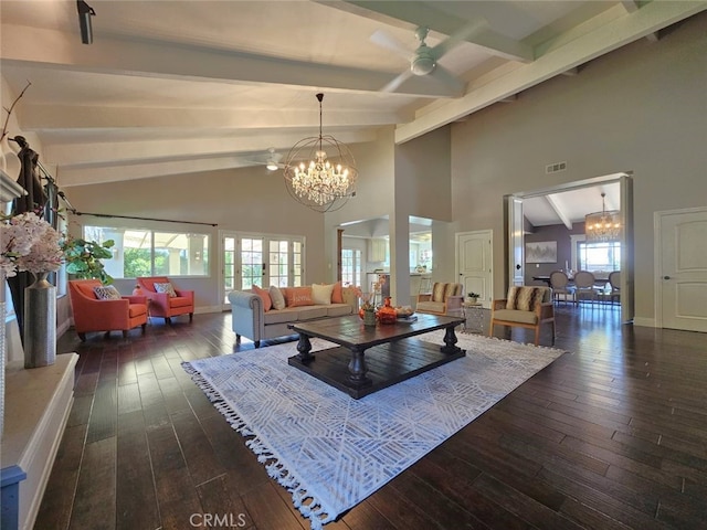 940 N Silent Ranch Dr, Glendora, CA 91741 - living area featuring a chandelier, ceiling fan, beamed ceiling, healthy amount of natural light, and dark wood finished floors