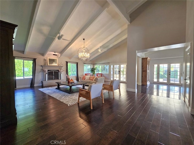 940 N Silent Ranch Dr, Glendora, CA 91741 - living room featuring beamed ceiling, dark wood finished floors, a fireplace with raised hearth, high vaulted ceiling, and a chandelier