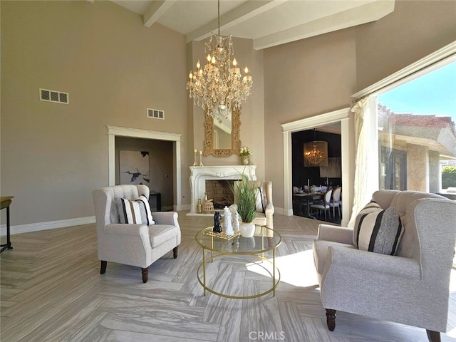 940 N Silent Ranch Dr, Glendora, CA 91741 - living area with a high ceiling, a chandelier, beam ceiling, and a fireplace