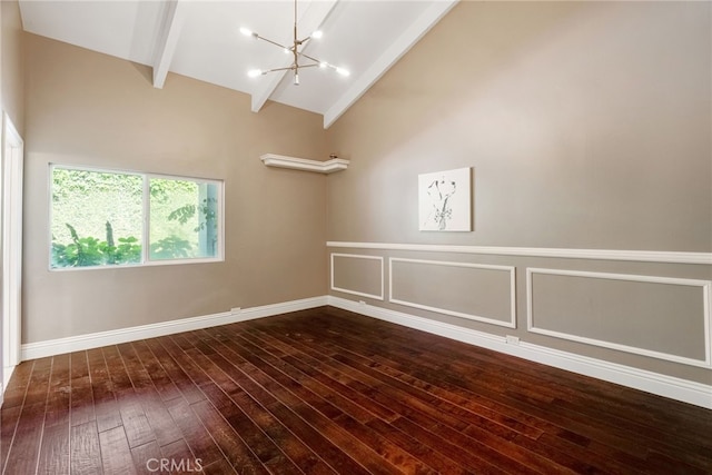 940 N Silent Ranch Dr, Glendora, CA 91741 - unfurnished room with a chandelier, dark wood-style flooring, beam ceiling, and high vaulted ceiling