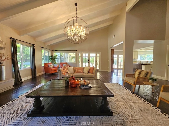 940 N Silent Ranch Dr, Glendora, CA 91741 - living area featuring hardwood / wood-style flooring, beamed ceiling, a chandelier, and high vaulted ceiling