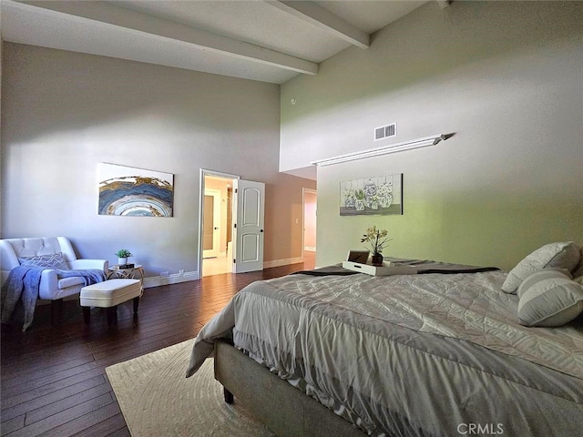 940 N Silent Ranch Dr, Glendora, CA 91741 - bedroom with high vaulted ceiling, hardwood / wood-style flooring, and beamed ceiling