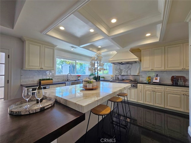 940 N Silent Ranch Dr, Glendora, CA 91741 - kitchen with island range hood, a kitchen bar, crown molding, backsplash, and coffered ceiling