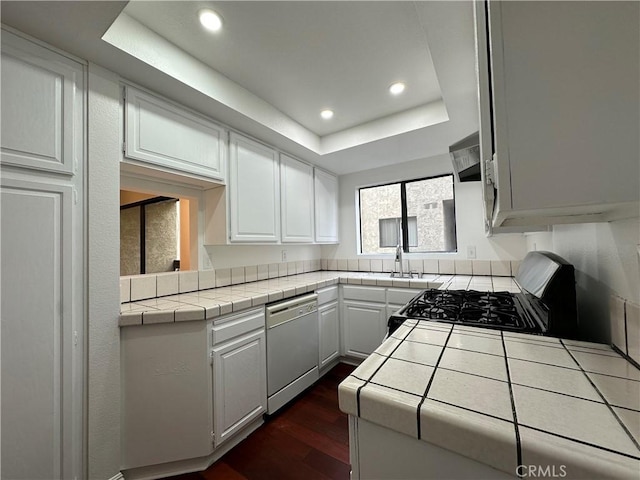 1024 S Marengo Ave Unit 6, Alhambra, CA 91803 - kitchen with white dishwasher, tile countertops, black gas range, a raised ceiling, and dark wood-style flooring