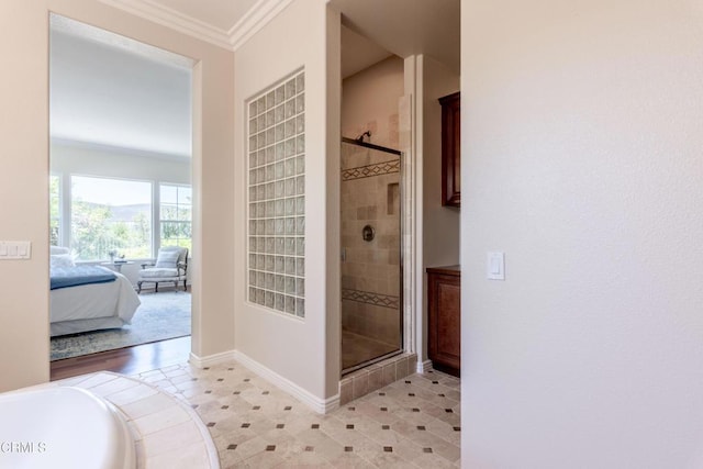 219 Via Rebecca, Thousand Oaks, CA 91320 - ensuite bathroom with a shower stall, crown molding, and a bath
