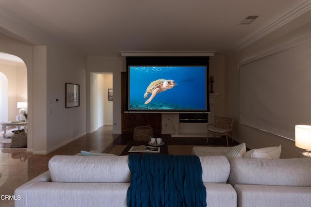 219 Via Rebecca, Thousand Oaks, CA 91320 - cinema room with arched walkways, tile patterned floors, and crown molding