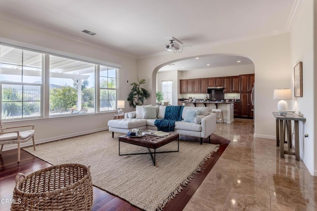 219 Via Rebecca, Thousand Oaks, CA 91320 - living room with arched walkways and ornamental molding