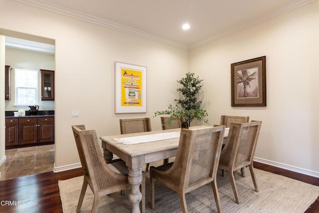 219 Via Rebecca, Thousand Oaks, CA 91320 - dining room featuring dark wood-style flooring, crown molding, and recessed lighting