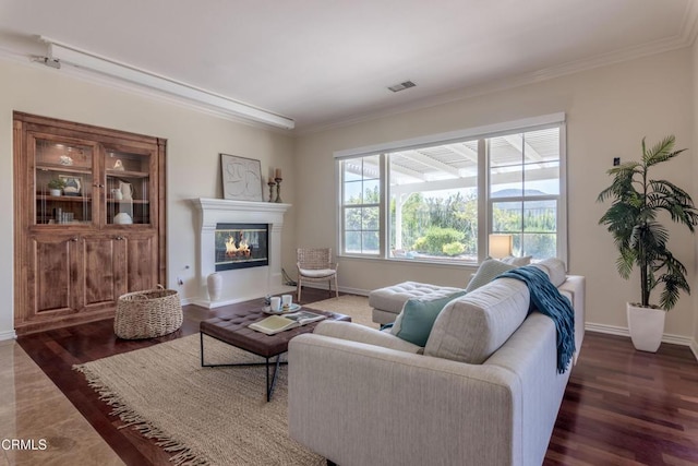 219 Via Rebecca, Thousand Oaks, CA 91320 - living room featuring crown molding, a glass covered fireplace, and wood finished floors