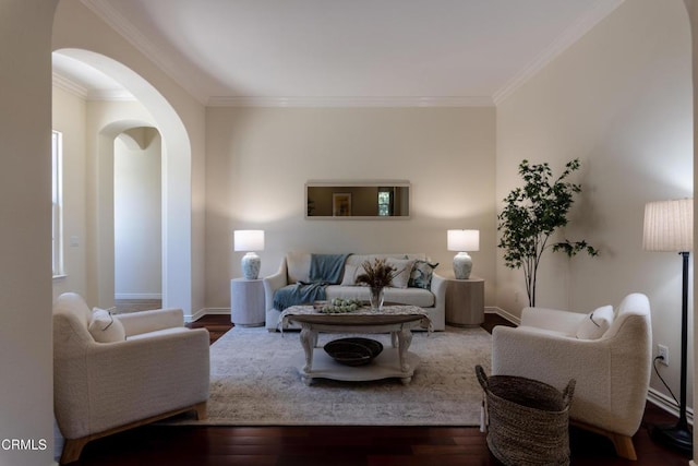 219 Via Rebecca, Thousand Oaks, CA 91320 - living area featuring ornamental molding, arched walkways, and wood finished floors