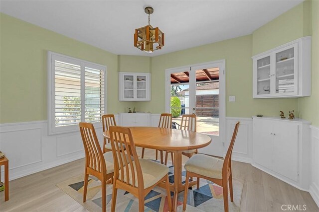 1011 Portola Dr, Arcadia, CA 91007 - dining room with light wood-type flooring, wainscoting, a chandelier, and a decorative wall
