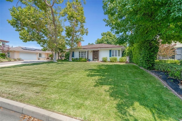 1011 Portola Dr, Arcadia, CA 91007 - ranch-style home with a front lawn, a garage, a chimney, concrete driveway, and stucco siding