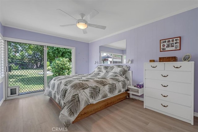 1011 Portola Dr, Arcadia, CA 91007 - bedroom featuring access to exterior, crown molding, wood finished floors, and a ceiling fan