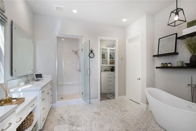 2526 N La Colina Ct, Orange, CA 92867 - full bathroom featuring a stall shower, vanity, a soaking tub, marble finish floors, and recessed lighting