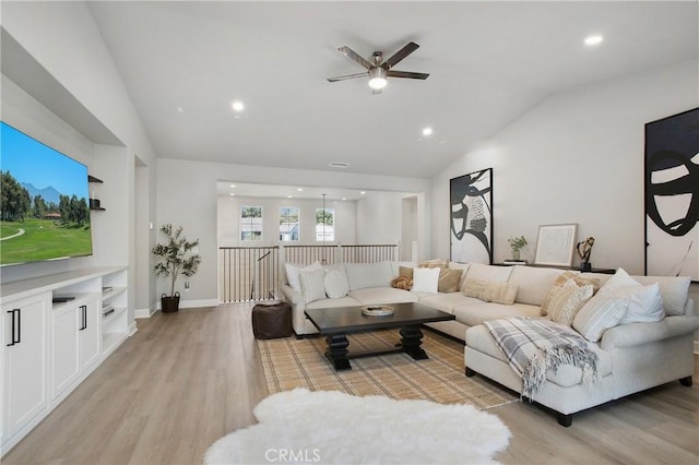 2526 N La Colina Ct, Orange, CA 92867 - living area with a ceiling fan, light wood-type flooring, recessed lighting, and high vaulted ceiling