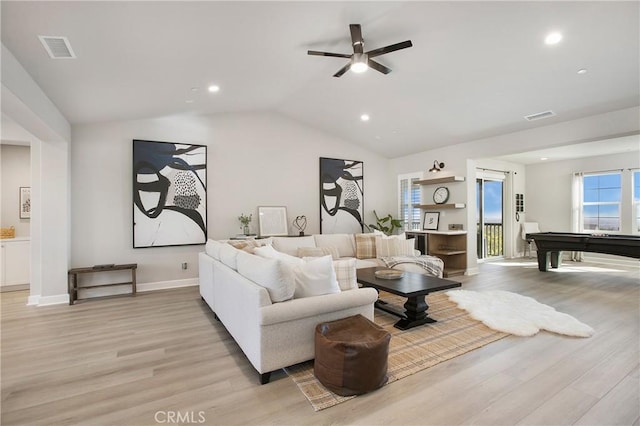 2526 N La Colina Ct, Orange, CA 92867 - living room featuring light wood-style floors, recessed lighting, lofted ceiling, billiards table, and a ceiling fan