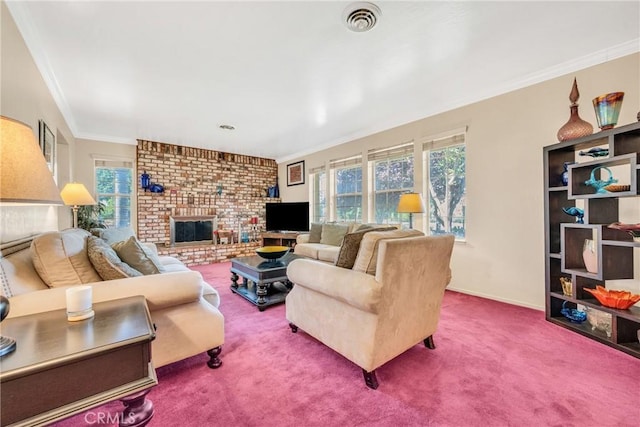 929 9th St, Williams, CA 95987 - carpeted living area with ornamental molding and a fireplace