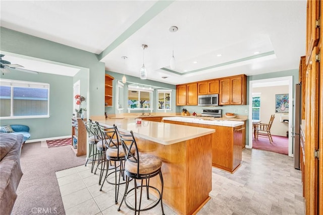929 9th St, Williams, CA 95987 - kitchen featuring stainless steel appliances, open floor plan, a peninsula, a tray ceiling, and light countertops