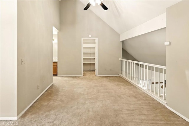 524 St Kevin Ct, Merced, CA 95348 - additional living space with a ceiling fan, light colored carpet, and high vaulted ceiling