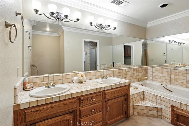 524 St Kevin Ct, Merced, CA 95348 - bathroom with double vanity, a tub with jets, and ornamental molding