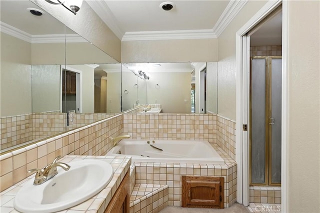 524 St Kevin Ct, Merced, CA 95348 - bathroom featuring a jetted tub, a stall shower, crown molding, vanity, and decorative backsplash