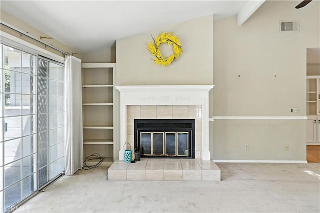 524 St Kevin Ct, Merced, CA 95348 - unfurnished living room with lofted ceiling, carpet floors, and a fireplace