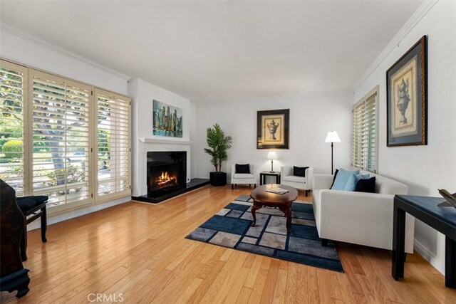5231 Hiram Ln, Irvine, CA 92603 - living room featuring healthy amount of natural light, wood finished floors, ornamental molding, and a lit fireplace