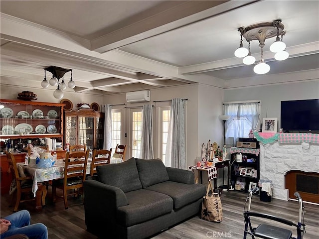 1323 W 41st Pl, Los Angeles, CA 90037 - living area with a wall mounted air conditioner, wood finished floors, beamed ceiling, and coffered ceiling