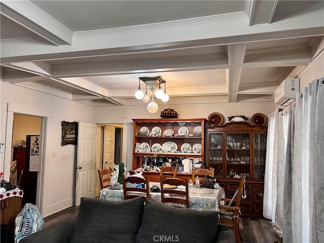 1323 W 41st Pl, Los Angeles, CA 90037 - dining space featuring coffered ceiling, a wall unit AC, dark wood-style floors, and beamed ceiling