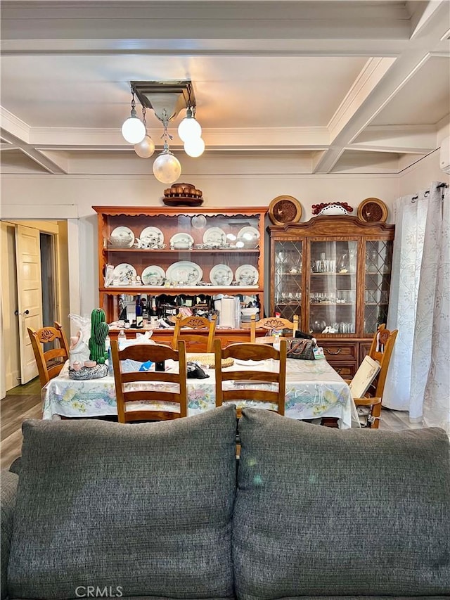 1323 W 41st Pl, Los Angeles, CA 90037 - dining space featuring coffered ceiling, wood finished floors, and beamed ceiling