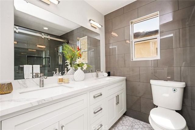 19 Jefferson, Irvine, CA 92620 - bathroom with tile walls, double vanity, a stall shower, and tile patterned flooring