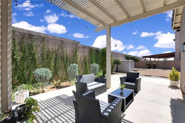 8103 David Way, Jurupa Valley, CA 92509 - fenced backyard with a patio area, a storage shed, a pergola, and outdoor lounge area