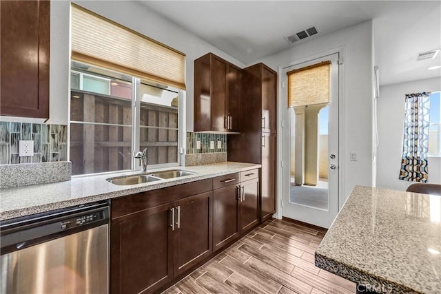 70 Linden Ln, Temple City, CA 91780 - kitchen with dishwasher, tasteful backsplash, light stone counters, wood finish floors, and dark brown cabinets