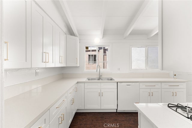 610 W Glen Lyn Dr, Glendora, CA 91740 - kitchen with dishwasher, beamed ceiling, white cabinets, dark wood-style flooring, and light countertops