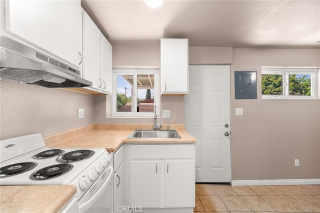 610 W Glen Lyn Dr, Glendora, CA 91740 - kitchen featuring electric range, electric panel, light tile patterned floors, and white cabinetry