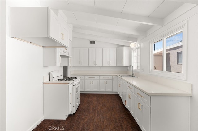 610 W Glen Lyn Dr, Glendora, CA 91740 - kitchen with white gas range oven, dark wood-type flooring, white cabinetry, light countertops, and exhaust hood