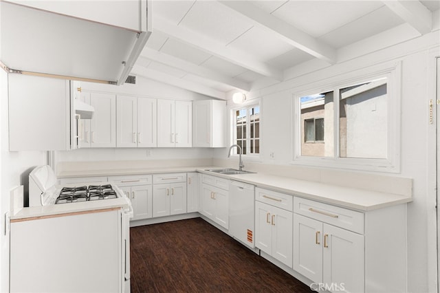 610 W Glen Lyn Dr, Glendora, CA 91740 - kitchen with white appliances, white cabinets, ventilation hood, dark wood-style flooring, and light countertops