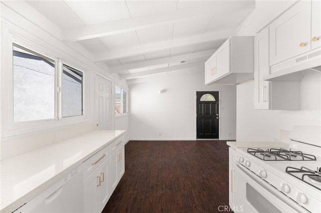 610 W Glen Lyn Dr, Glendora, CA 91740 - kitchen featuring white appliances, under cabinet range hood, white cabinets, light countertops, and beamed ceiling