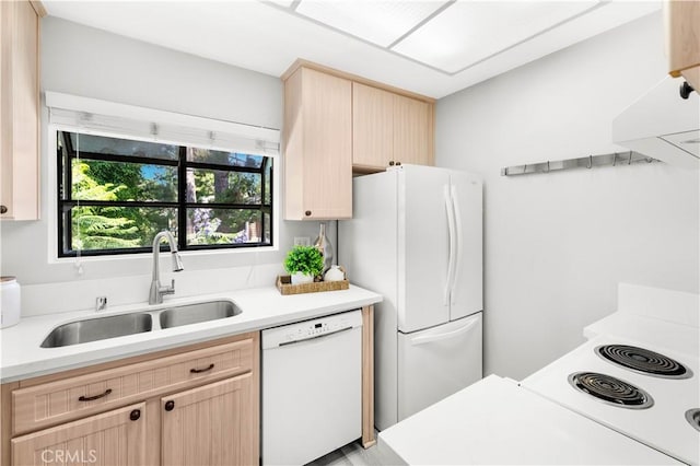 90 Lakepines Unit 5B, Irvine, CA 92620 - kitchen featuring white appliances, light brown cabinetry, and light countertops
