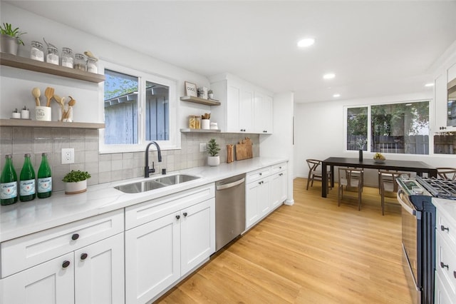 733 S Grove St, Redlands, CA 92374 - kitchen with appliances with stainless steel finishes, open shelves, white cabinetry, decorative backsplash, and recessed lighting