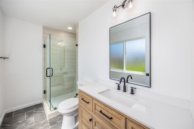 733 S Grove St, Redlands, CA 92374 - bathroom featuring vanity, a shower stall, stone finish floors, and recessed lighting