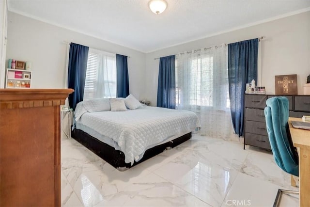 6093 Troth St, Jurupa Valley, CA 91752 - bedroom featuring light marble finish floors, multiple windows, and ornamental molding
