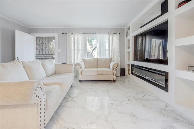 6093 Troth St, Jurupa Valley, CA 91752 - living area with crown molding, built in shelves, and marble tiled floors