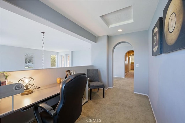 750 Multnomah Ct, San Jacinto, CA 92582 - home office with arched walkways, light carpet, and recessed lighting