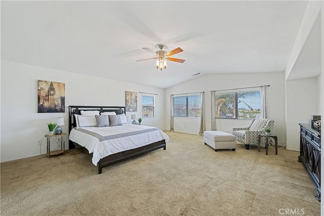 750 Multnomah Ct, San Jacinto, CA 92582 - bedroom featuring lofted ceiling, light colored carpet, and ceiling fan